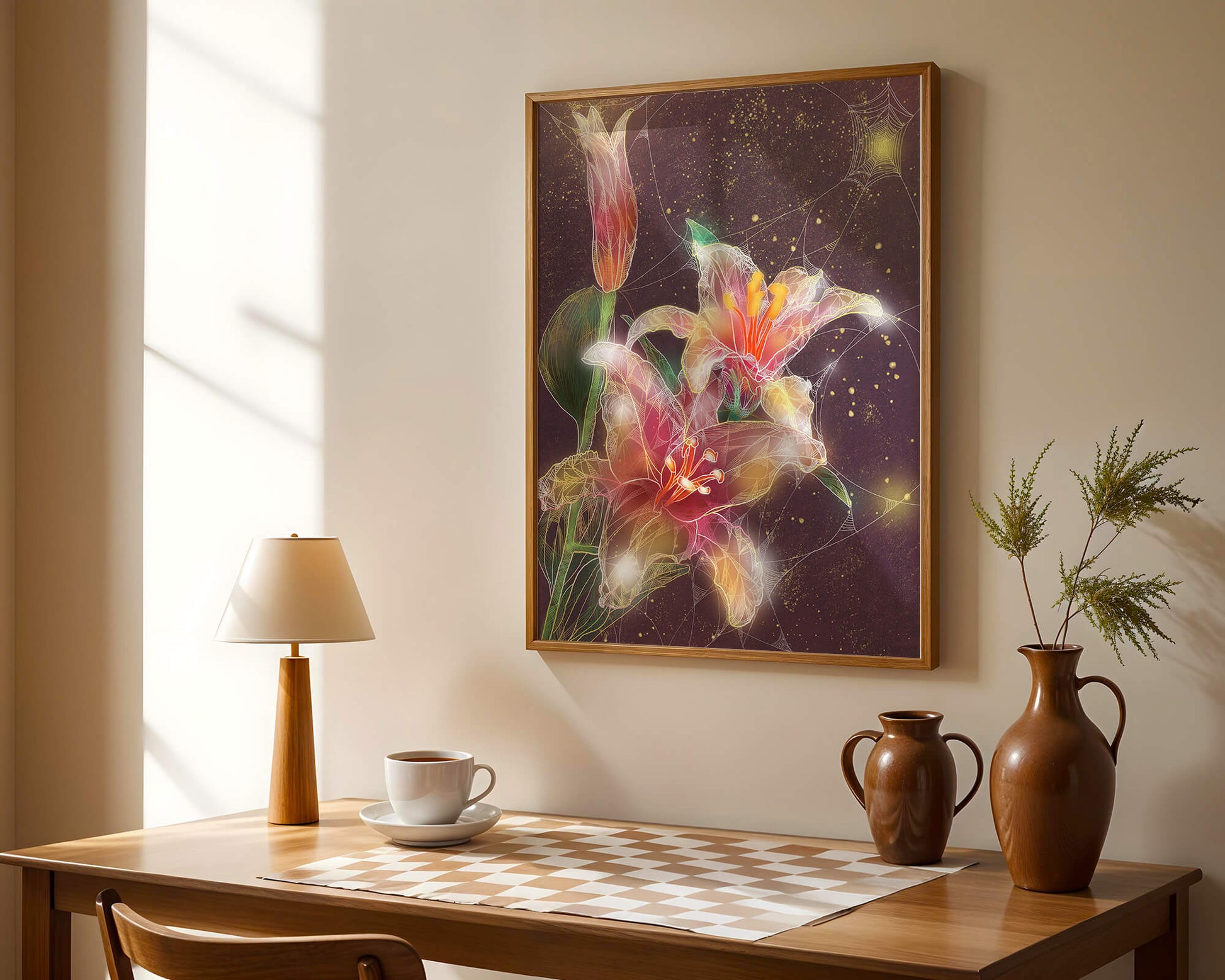 Elegant Floral Composition with Intricate Details and Golden Accents