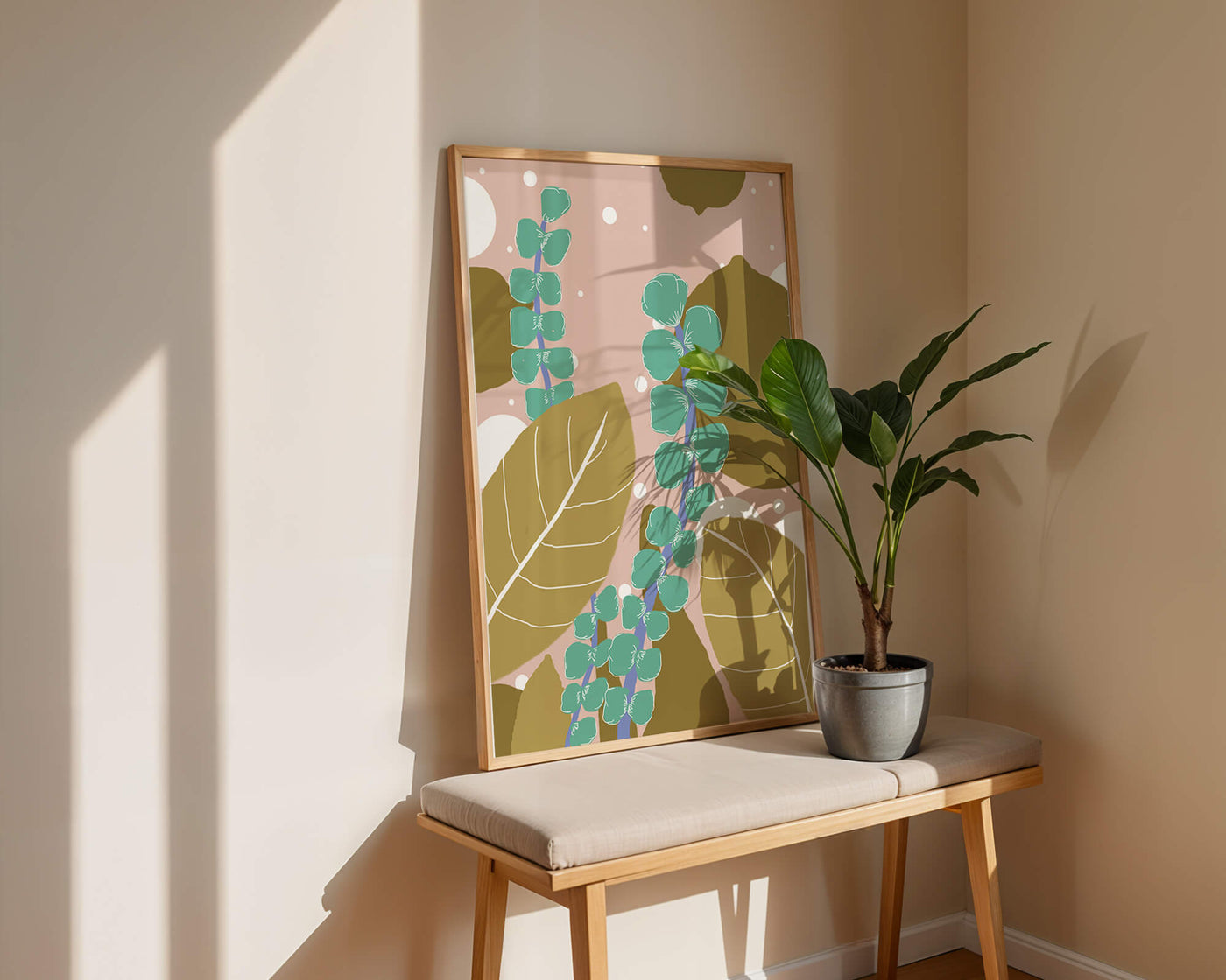 Abstract botanical design with green and golden leaves