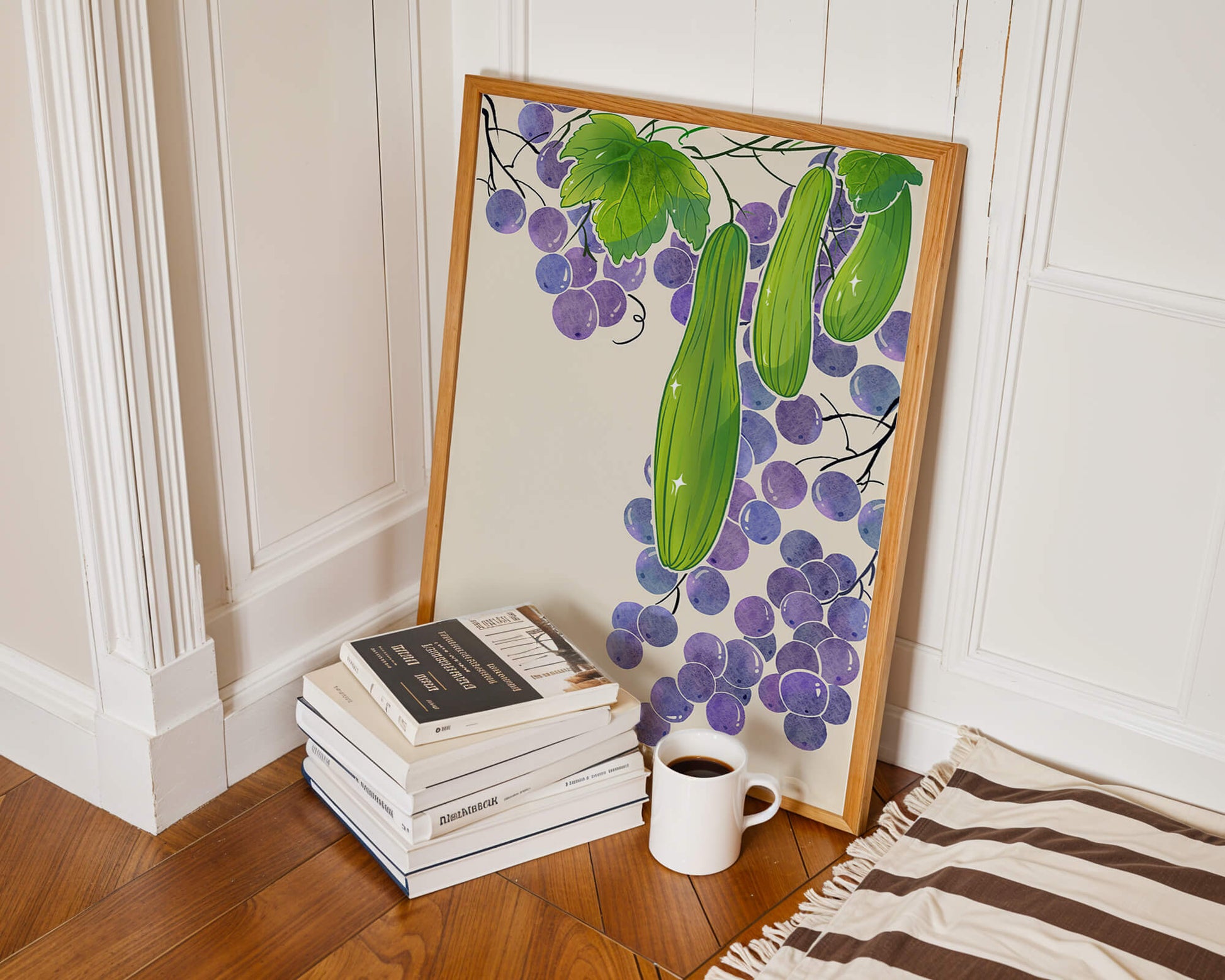 Ilustración de uvas y pepino con colores vibrantes y hojas