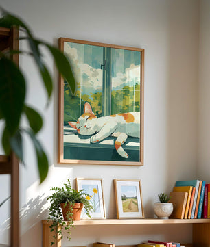 Peaceful Cat Napping by the Window with Sunlit Garden View - Mi tienda