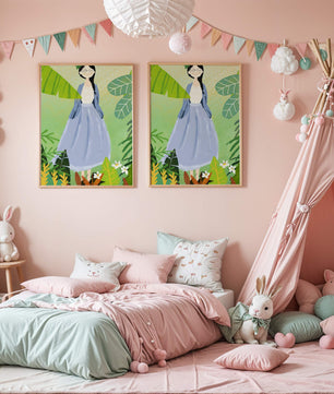 Serene illustration of a woman in nature with tropical leaves