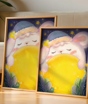 Sleepy rabbit with starry hat holding a glowing ball in a dreamy night scene