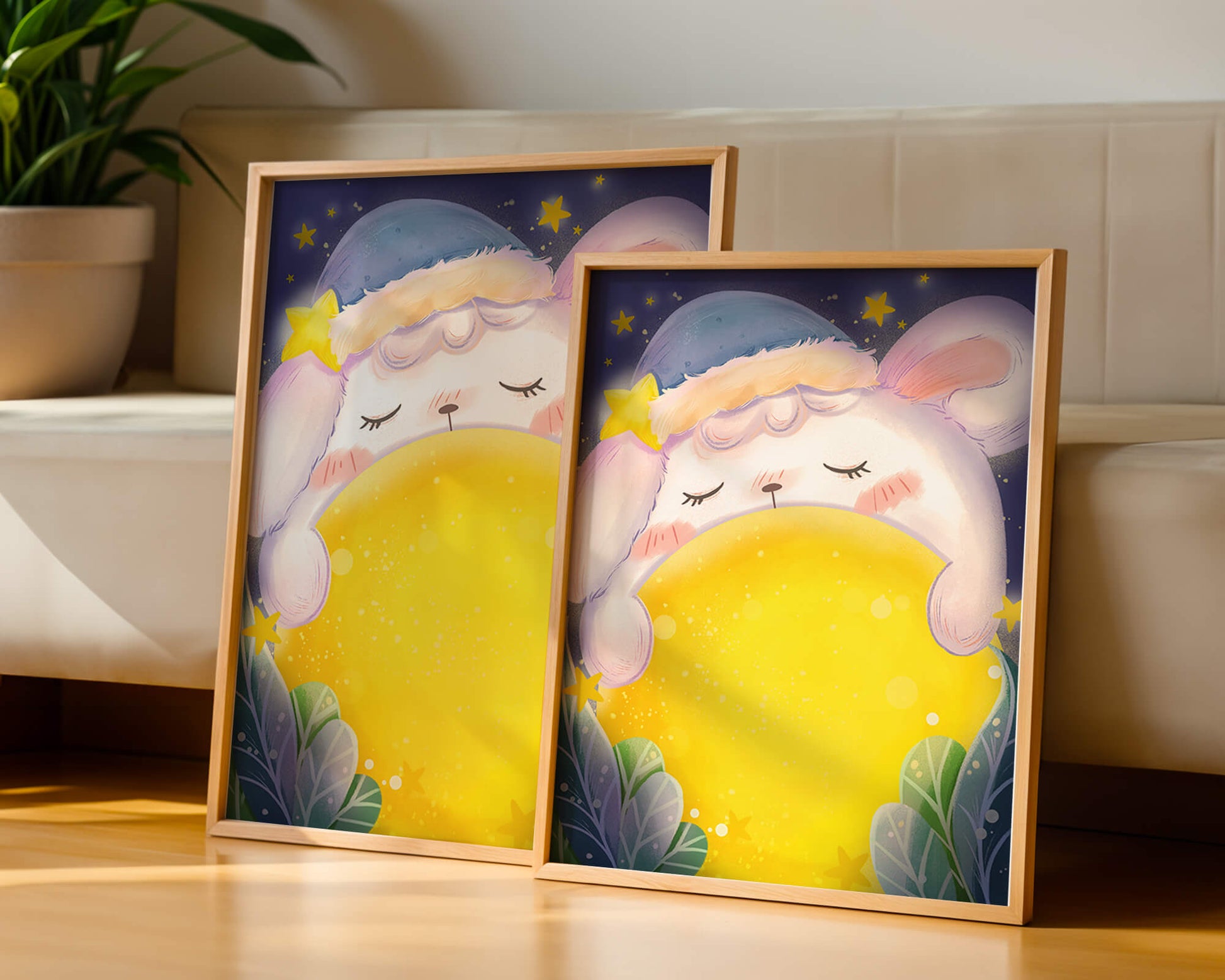 Sleepy rabbit with starry hat holding a glowing ball in a dreamy night scene