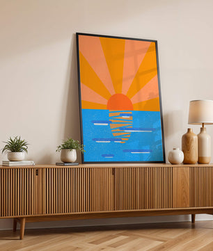 A vibrant sunrise illustration over the ocean with colorful rays
