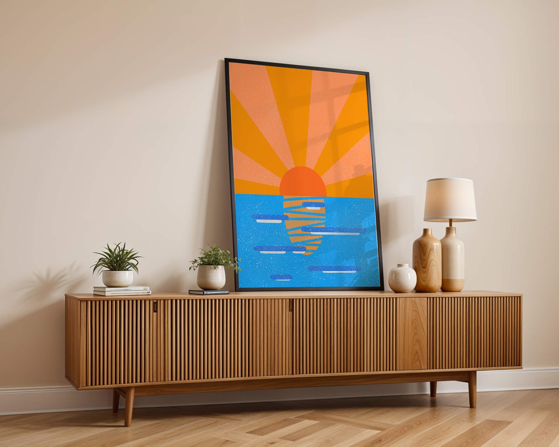A vibrant sunrise illustration over the ocean with colorful rays
