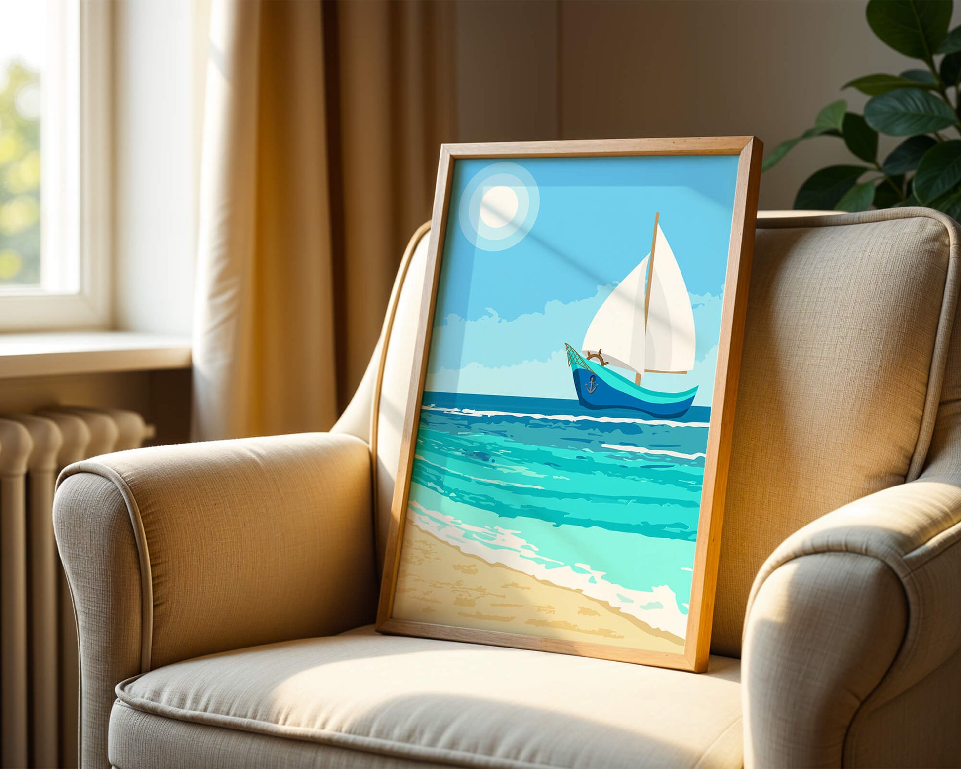Serene ocean scenery with sailboat under the sun