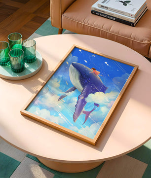 Illustration onirique d'une fille chevauchant une baleine à travers le ciel