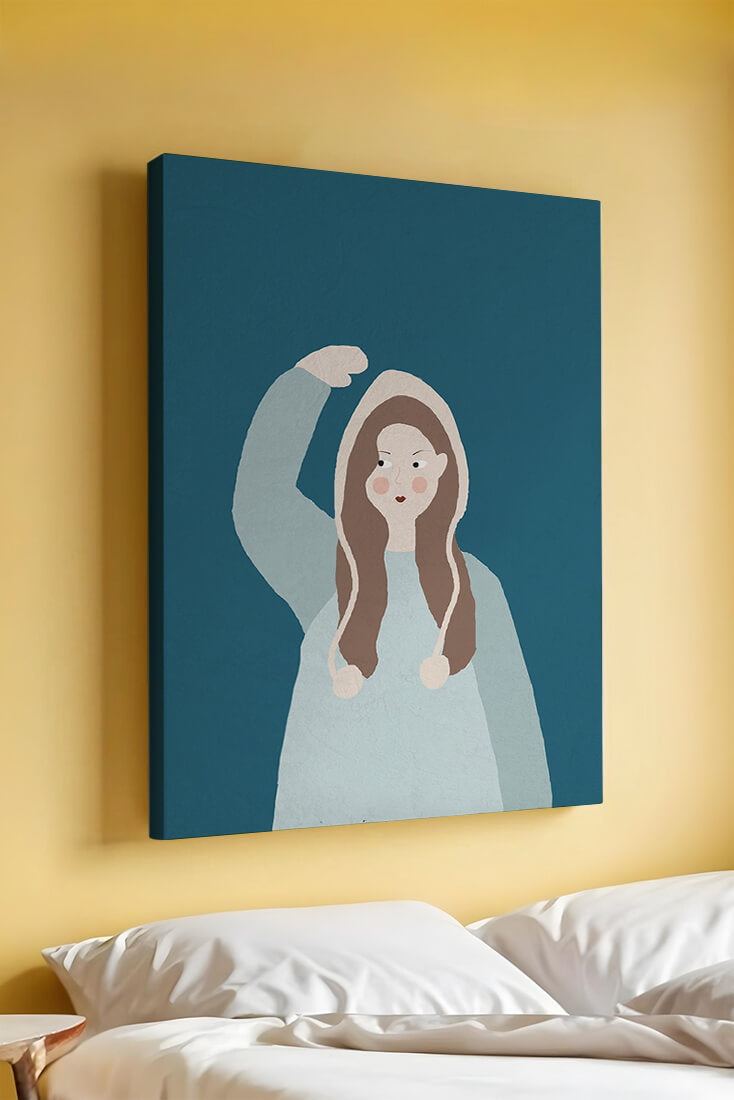 Illustrated girl with hoodie on teal background