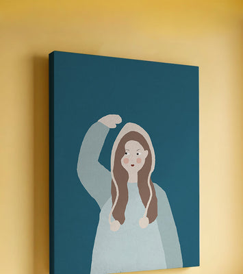 Illustrated girl with hoodie on teal background