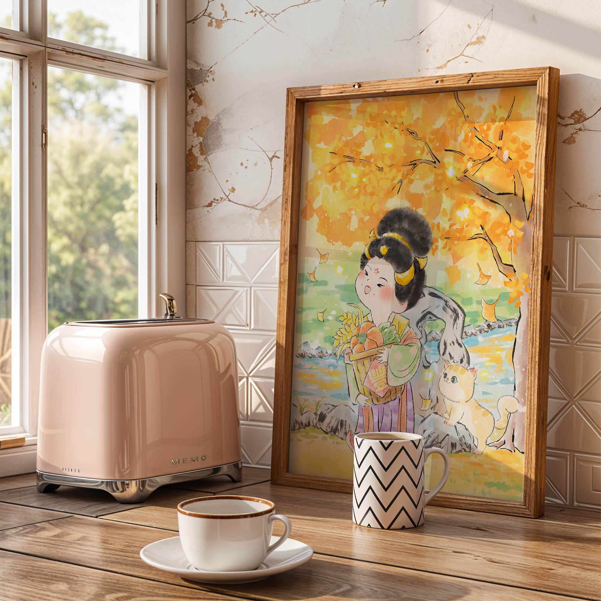 Charming watercolor scene of girl with basket in autumn setting