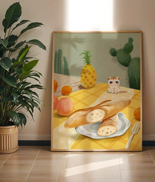 Gato con gafas de sol en un entorno tropical con baguettes y frutas