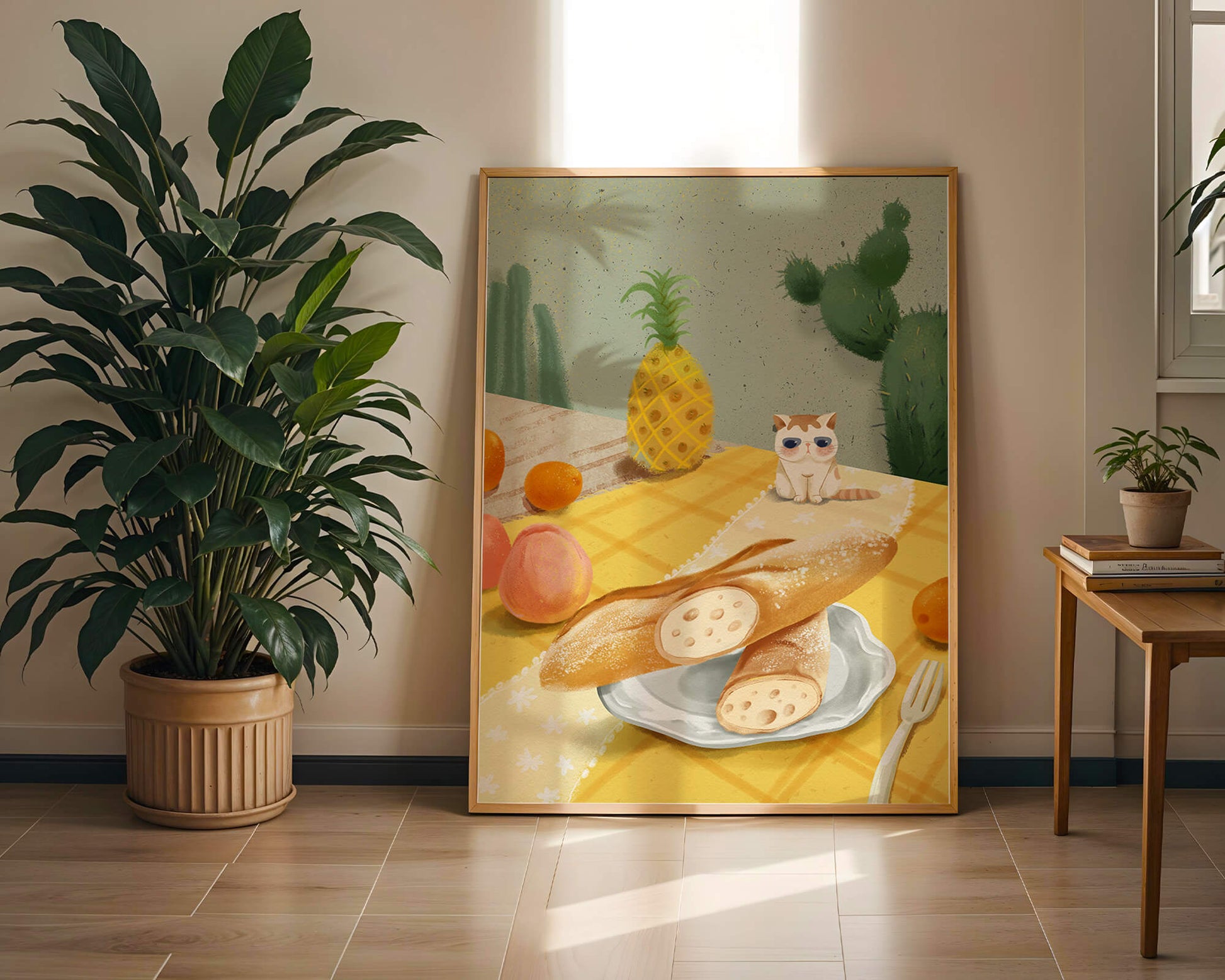 Gato con gafas de sol en un entorno tropical con baguettes y frutas