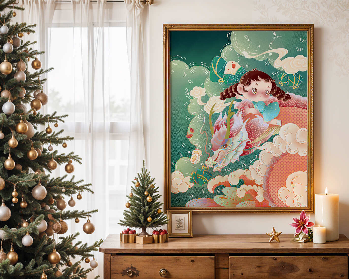 Whimsical scene of a girl riding a dragon through clouds