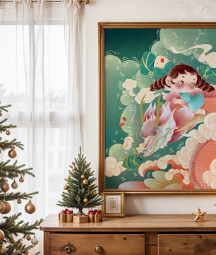 Whimsical scene of a girl riding a dragon through clouds