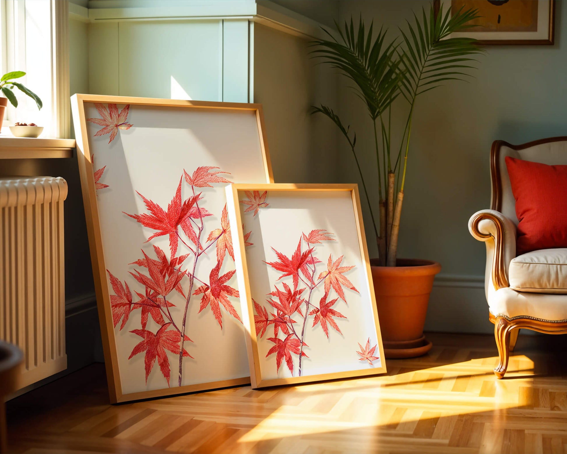 Delicate red maple leaves on white background