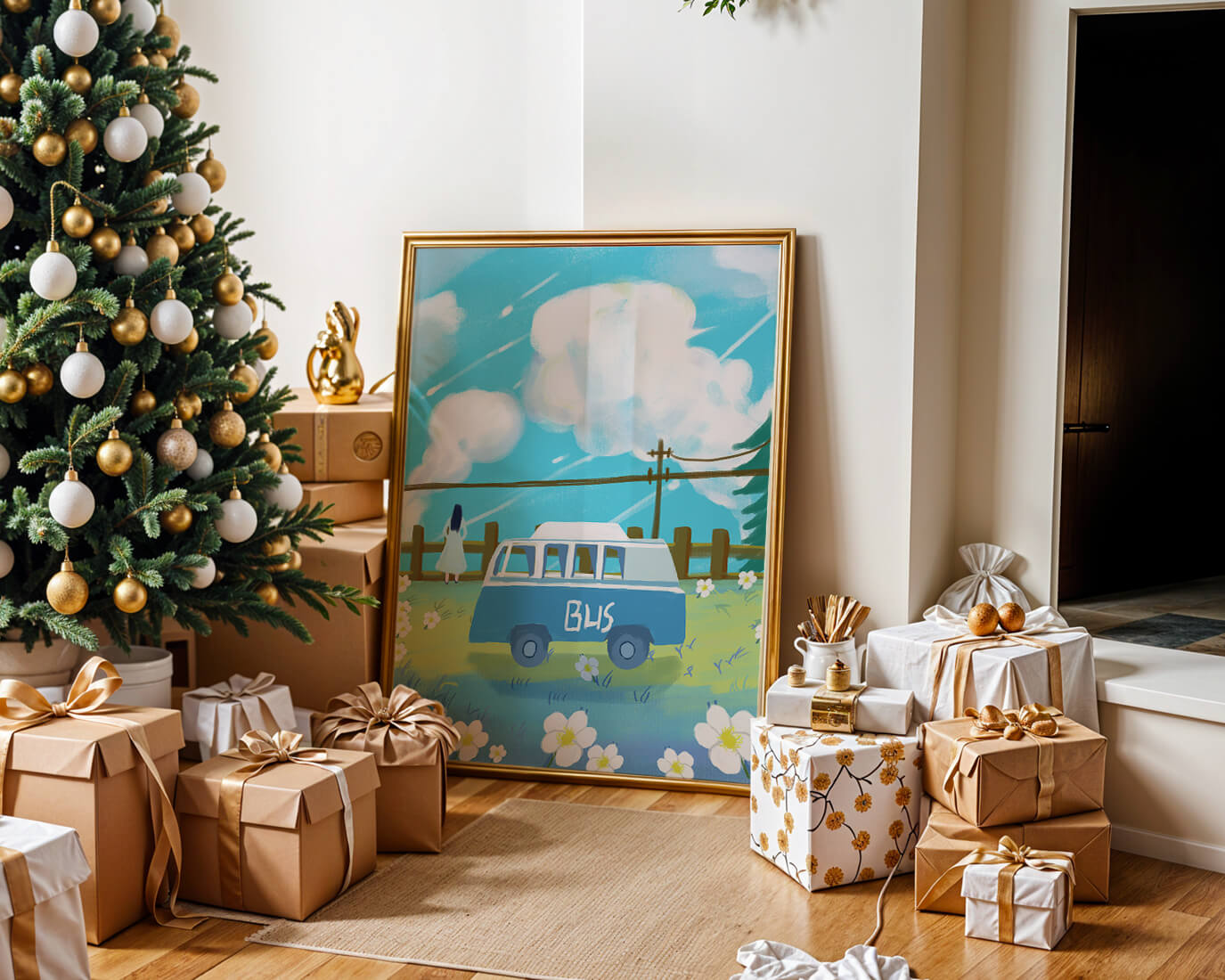 Ilustración escénica con autobús azul y prado en flor