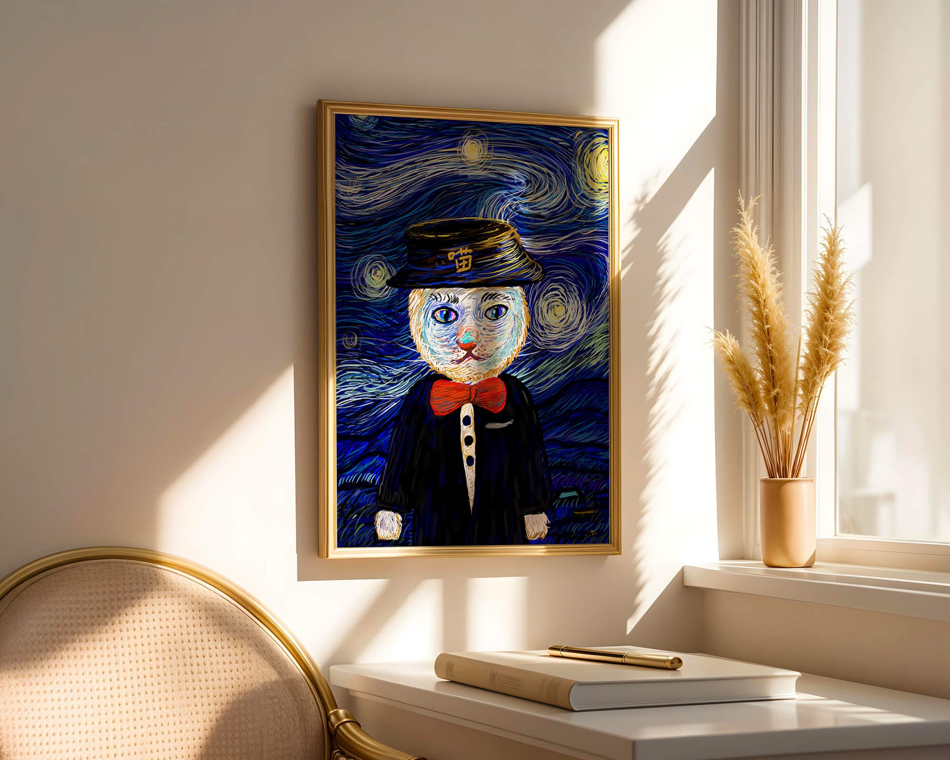 Whimsical cat character against starry night sky background