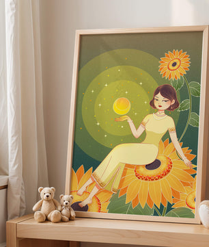 Elegant woman sitting on sunflowers in a celestial scene