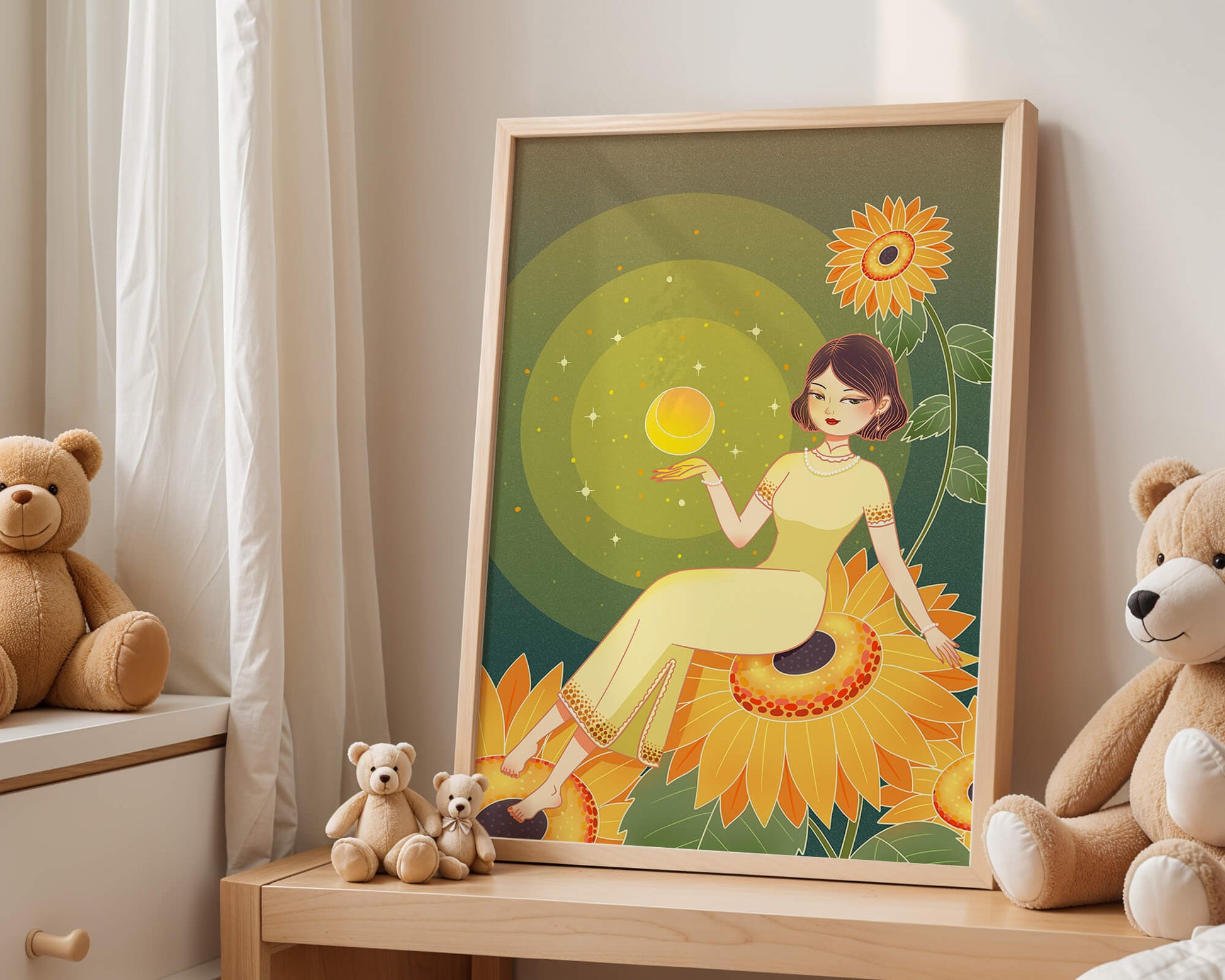 Elegant woman sitting on sunflowers in a celestial scene