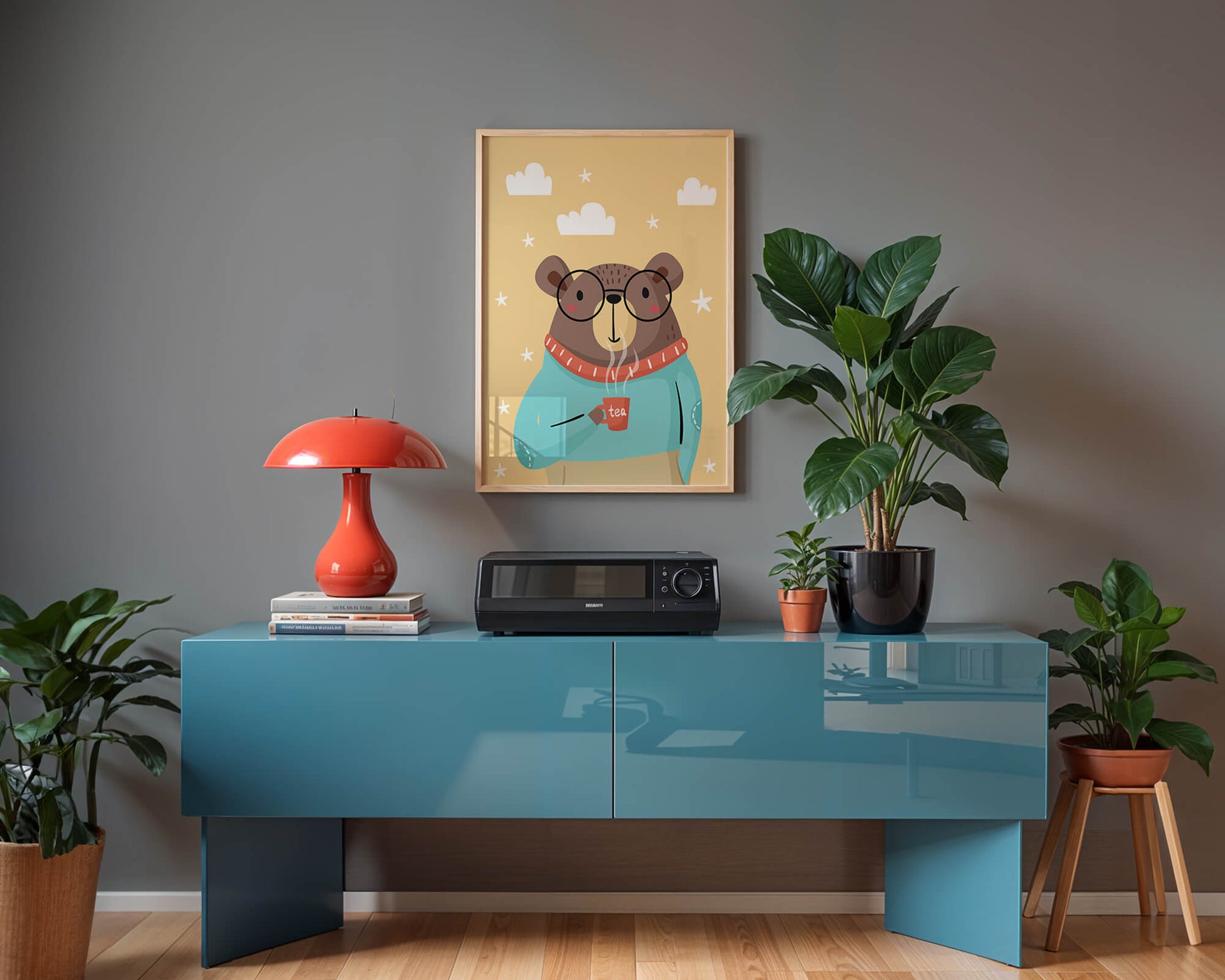 Illustration of a cozy bear enjoying tea with glasses