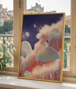 Dreamy Scene with Floating Jellyfish and Moonlit Sky