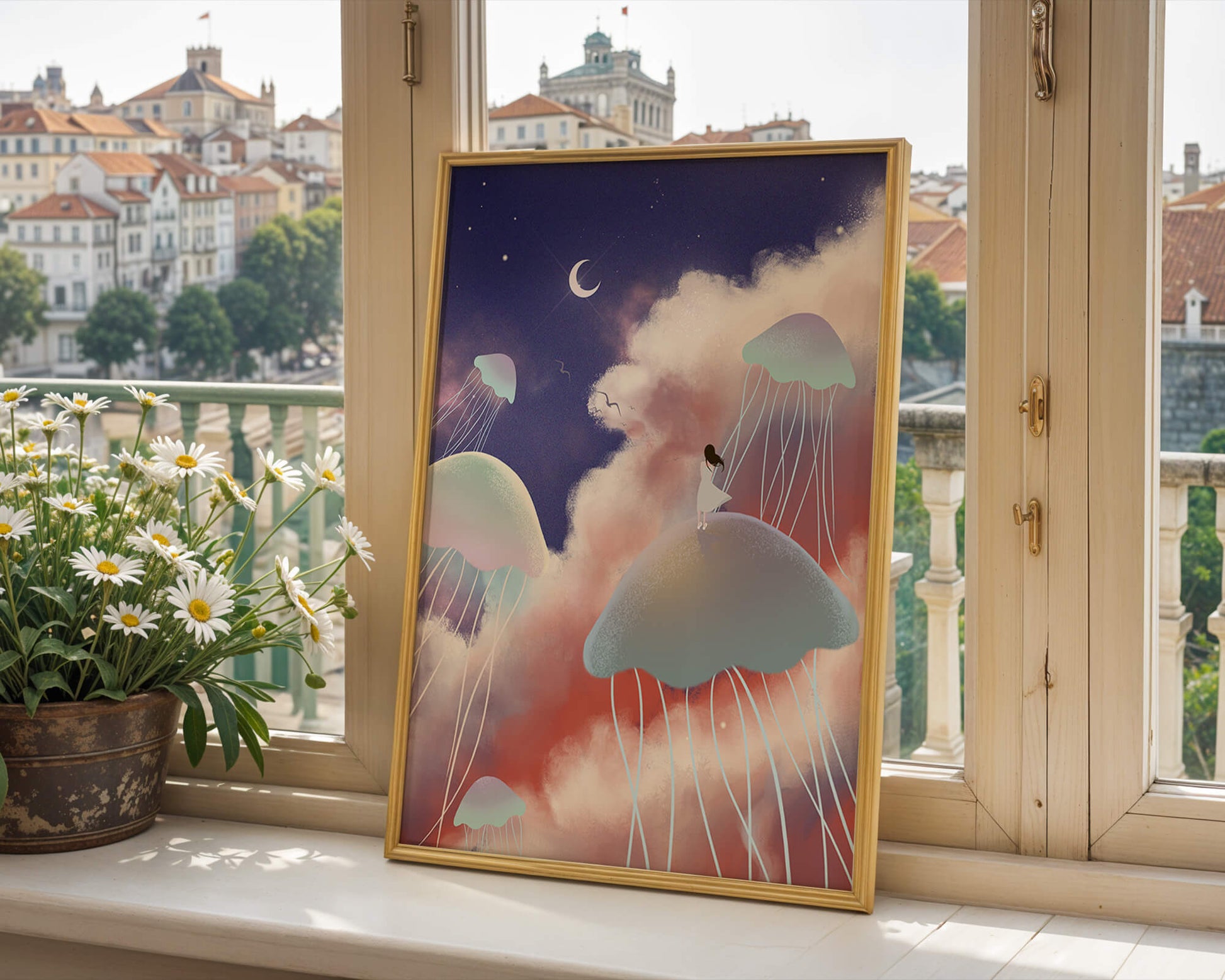 Dreamy Scene with Floating Jellyfish and Moonlit Sky