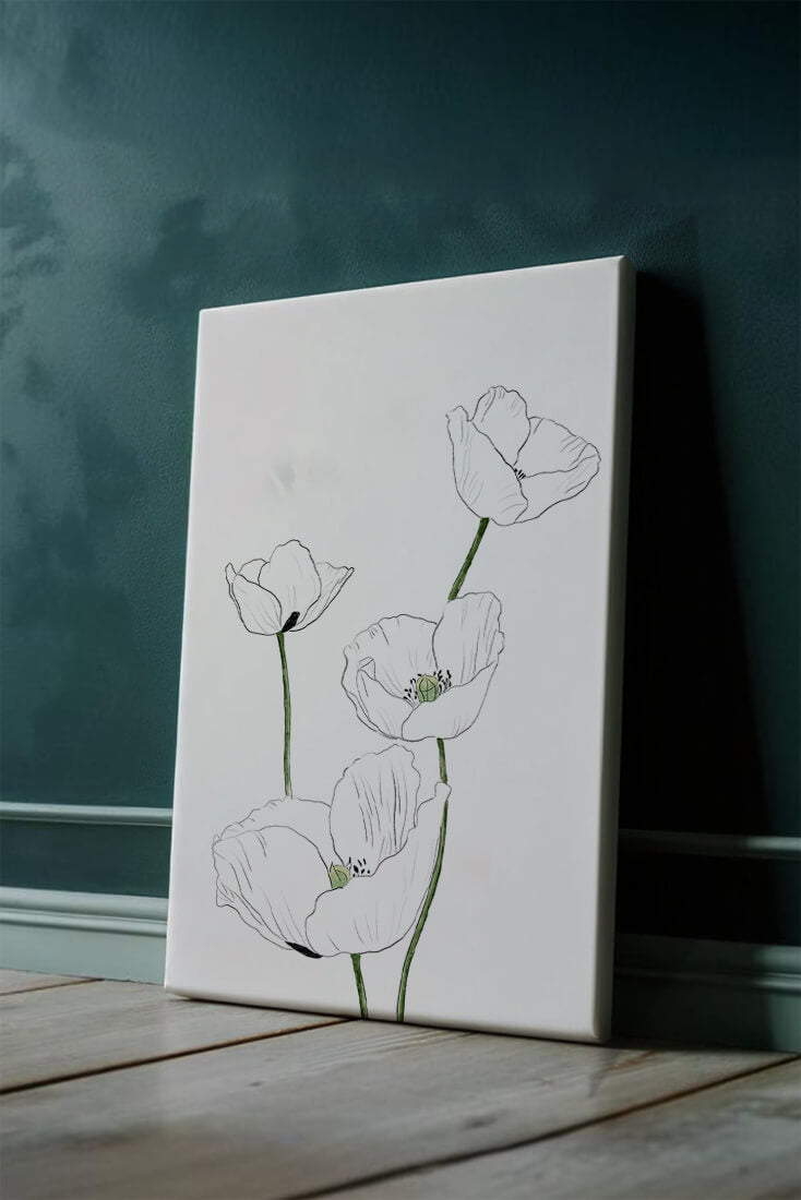 Zarte florale Linienzeichnung mit weißen Mohnblumen auf sauberem Hintergrund