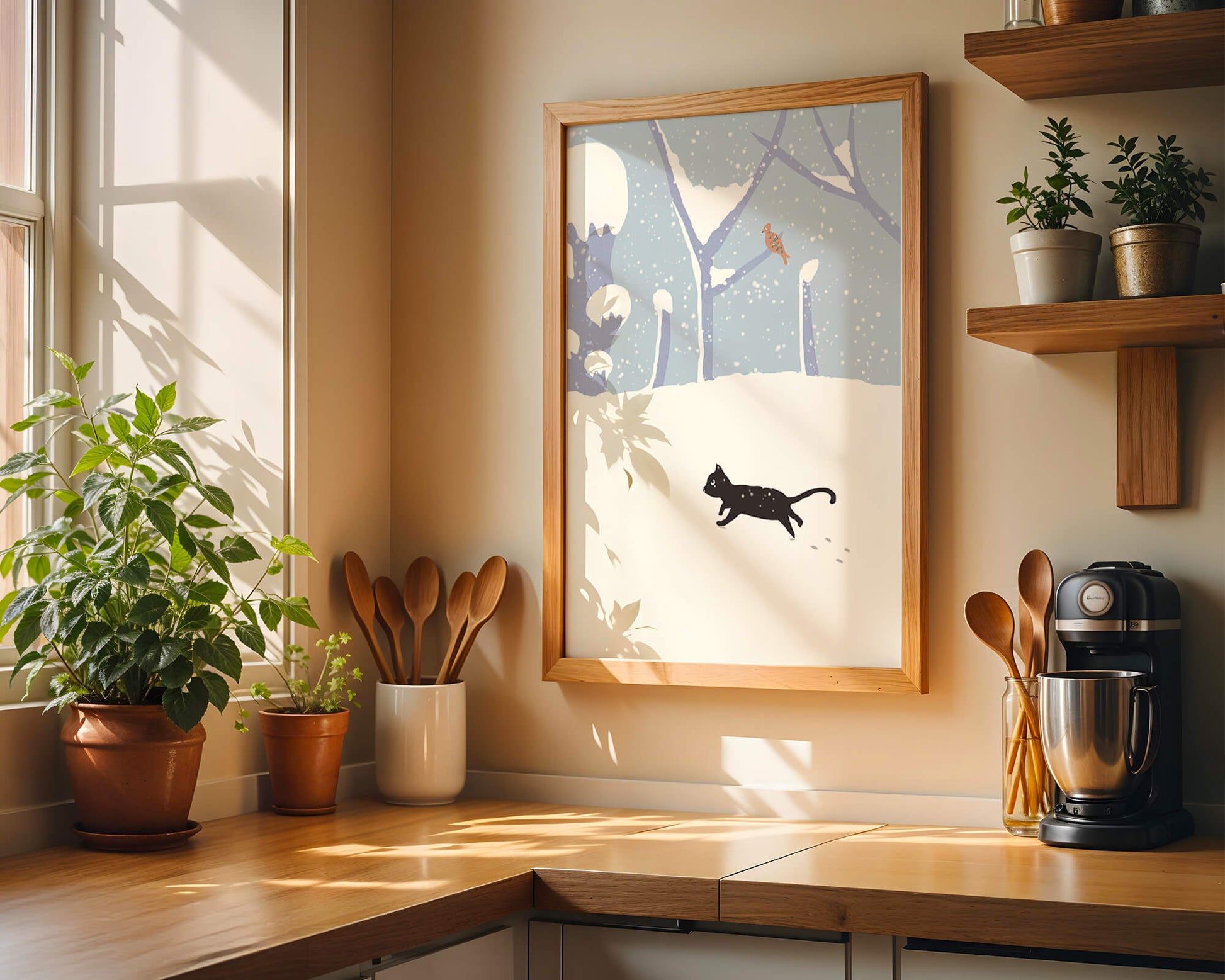 Illustrated snowy landscape with playful black cat and bird in winter scenery