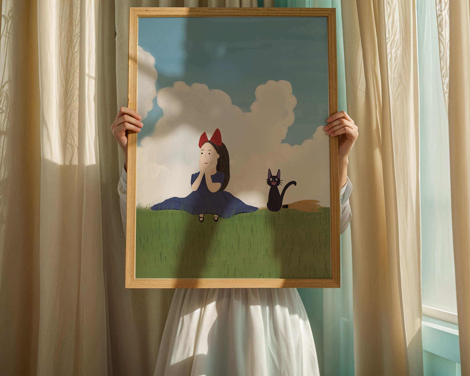 Girl with Red Bow and Cat in Lush Green Meadow