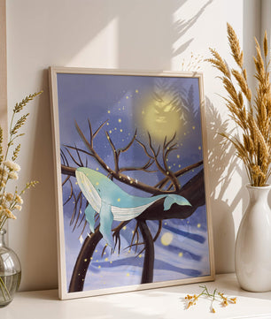 Whale resting on tree branches under starry night sky