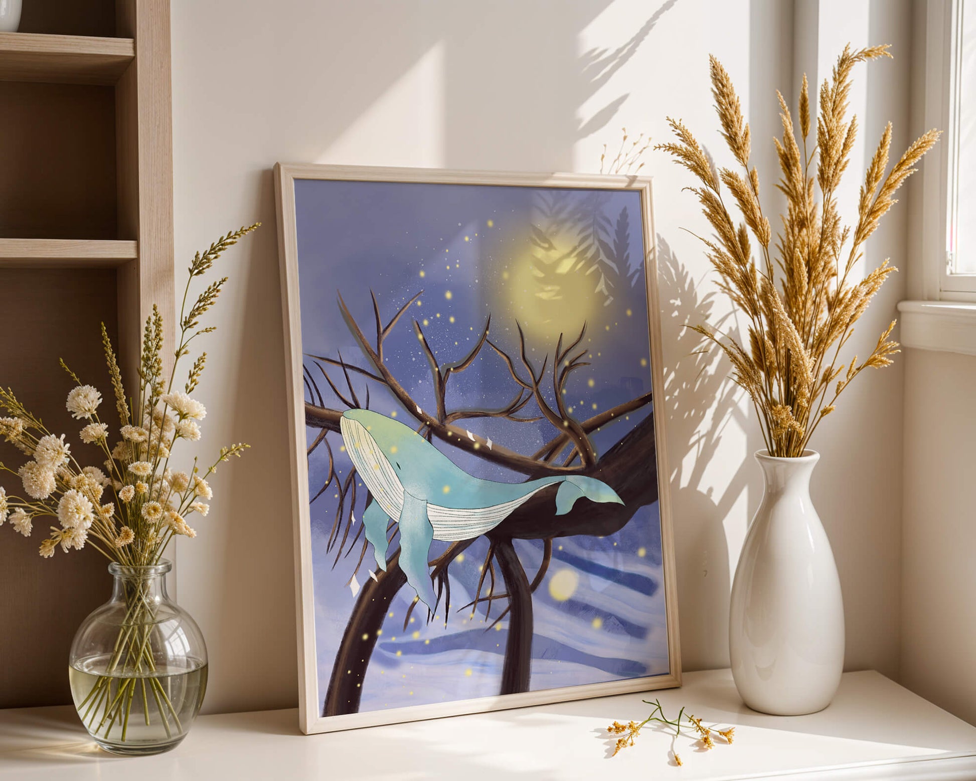 Whale resting on tree branches under starry night sky