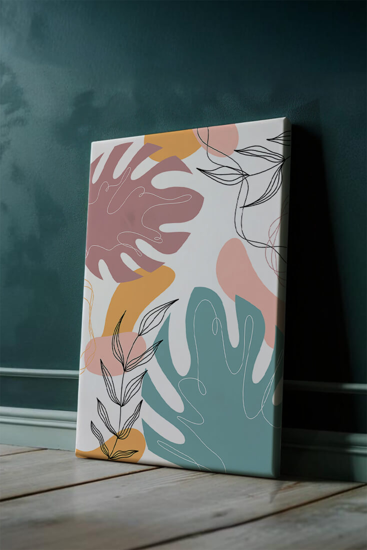 Abstract botanical illustration with colorful leaf patterns
