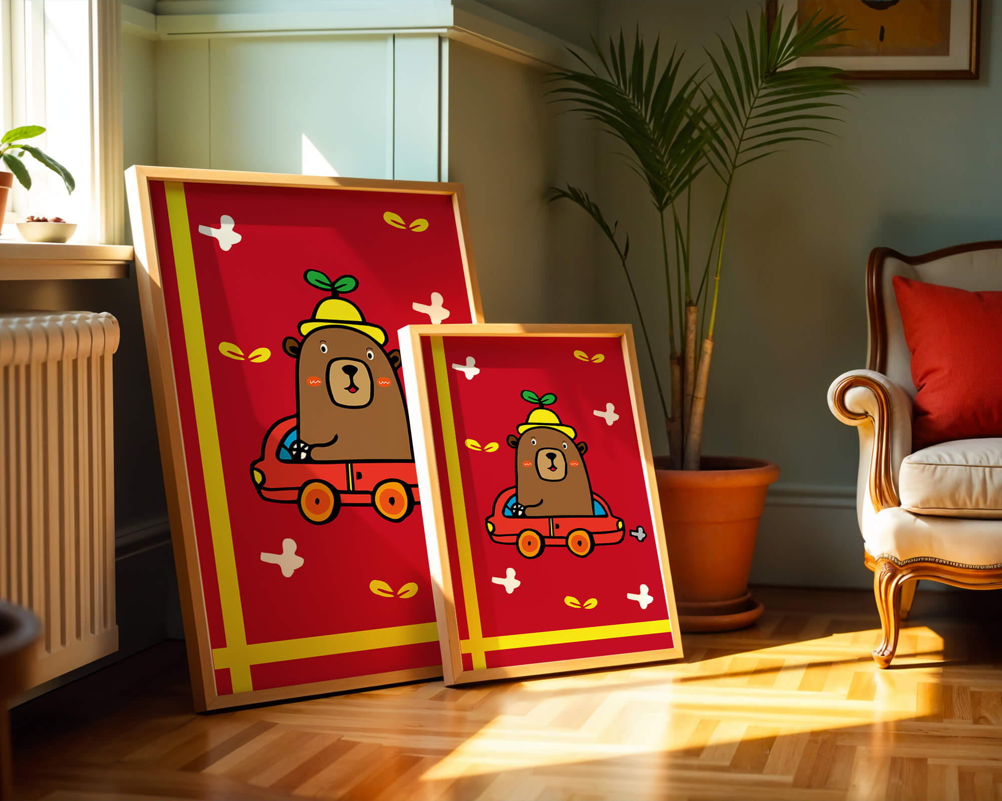 Whimsical bear driving a car on a bright red background