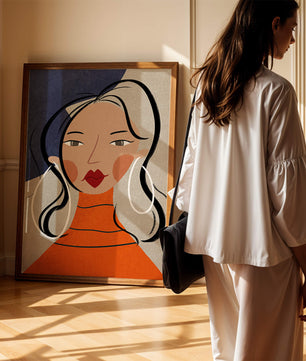 Colorful abstract portrait featuring a woman with red lips and hoop earrings on textured background - Mi tienda