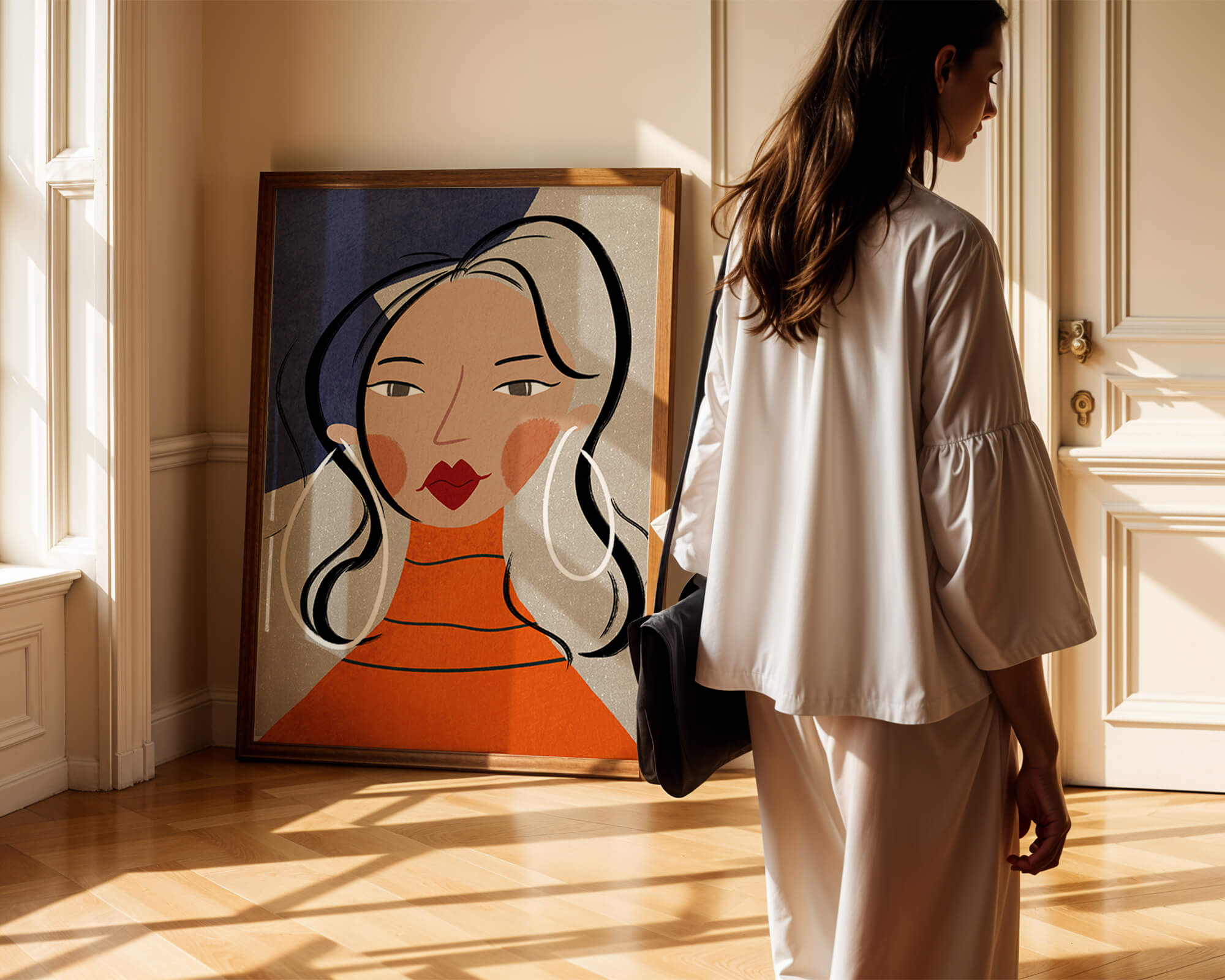 Colorful abstract portrait featuring a woman with red lips and hoop earrings on textured background - Mi tienda