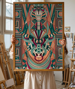 Patrón geométrico de animales con toro y cobra en colores vibrantes