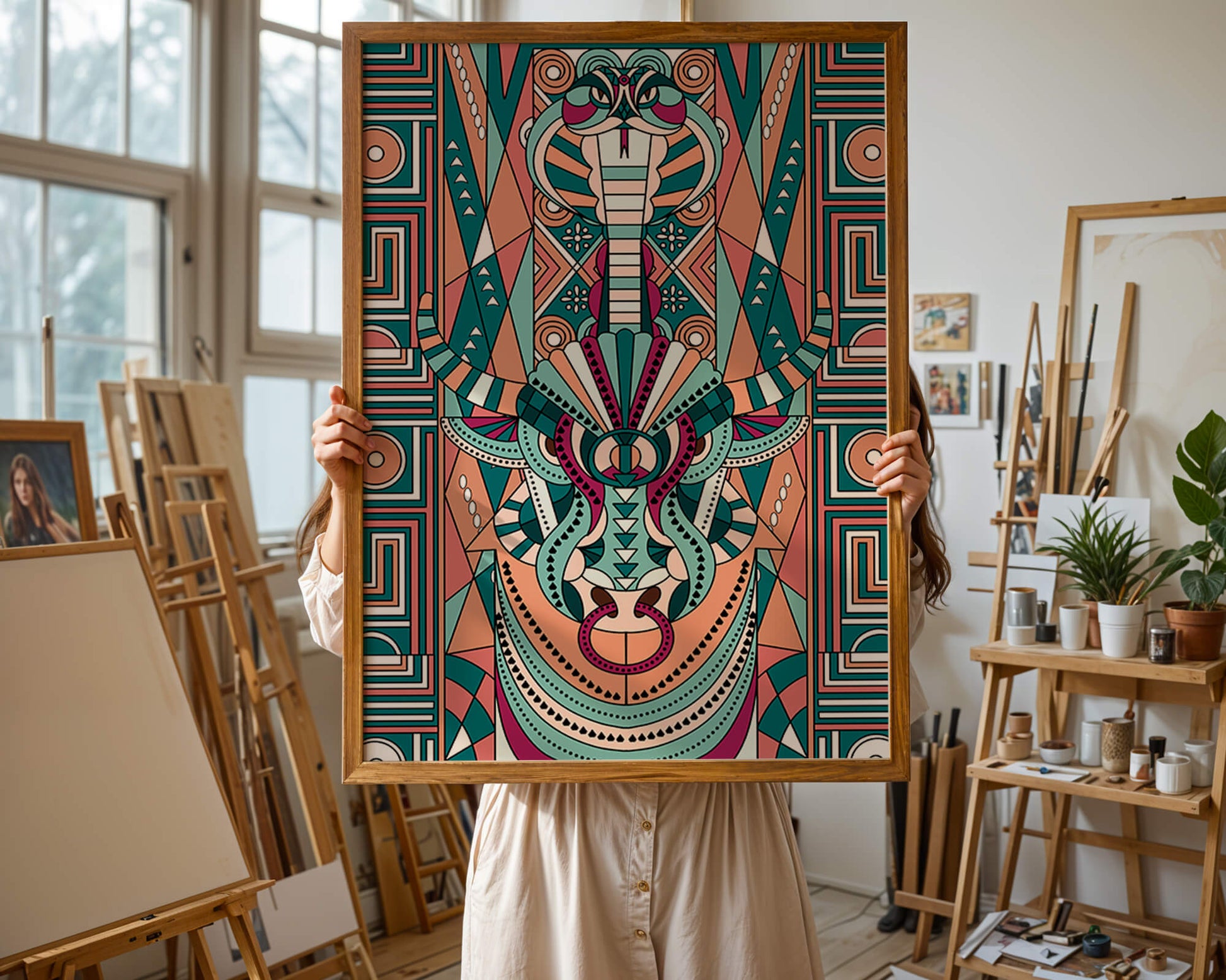 Patrón geométrico de animales con toro y cobra en colores vibrantes