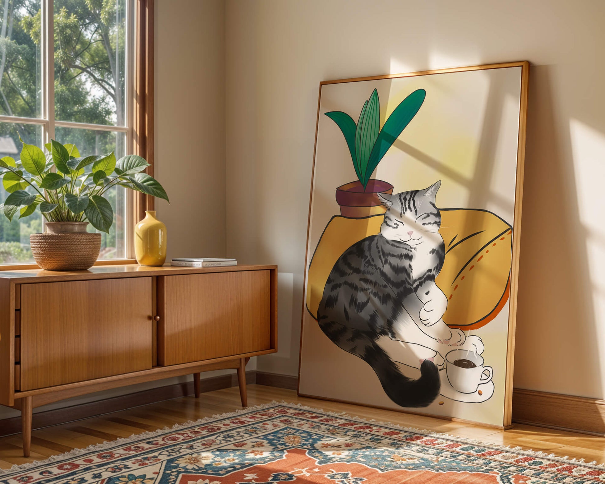 Entspannte Katze mit Kaffee und Pflanze auf gemütlichem Kissen
