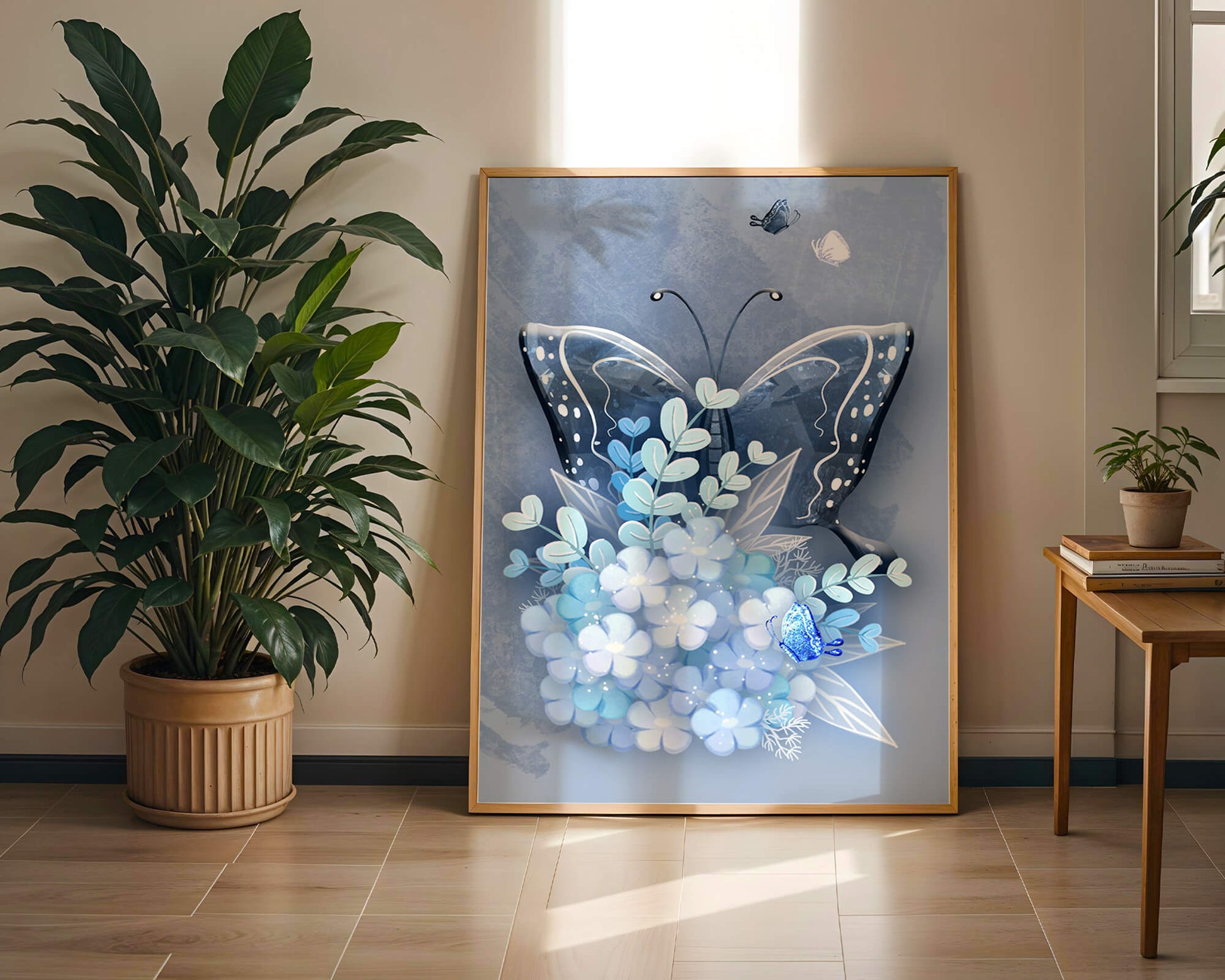 Floral and butterfly digital artwork in calming blue shades