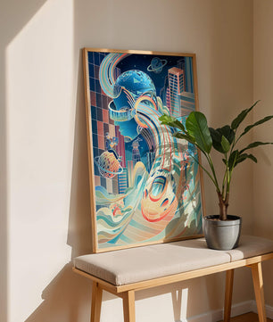 Futuristische Illustration mit VR-Thema und technologischen Elementen