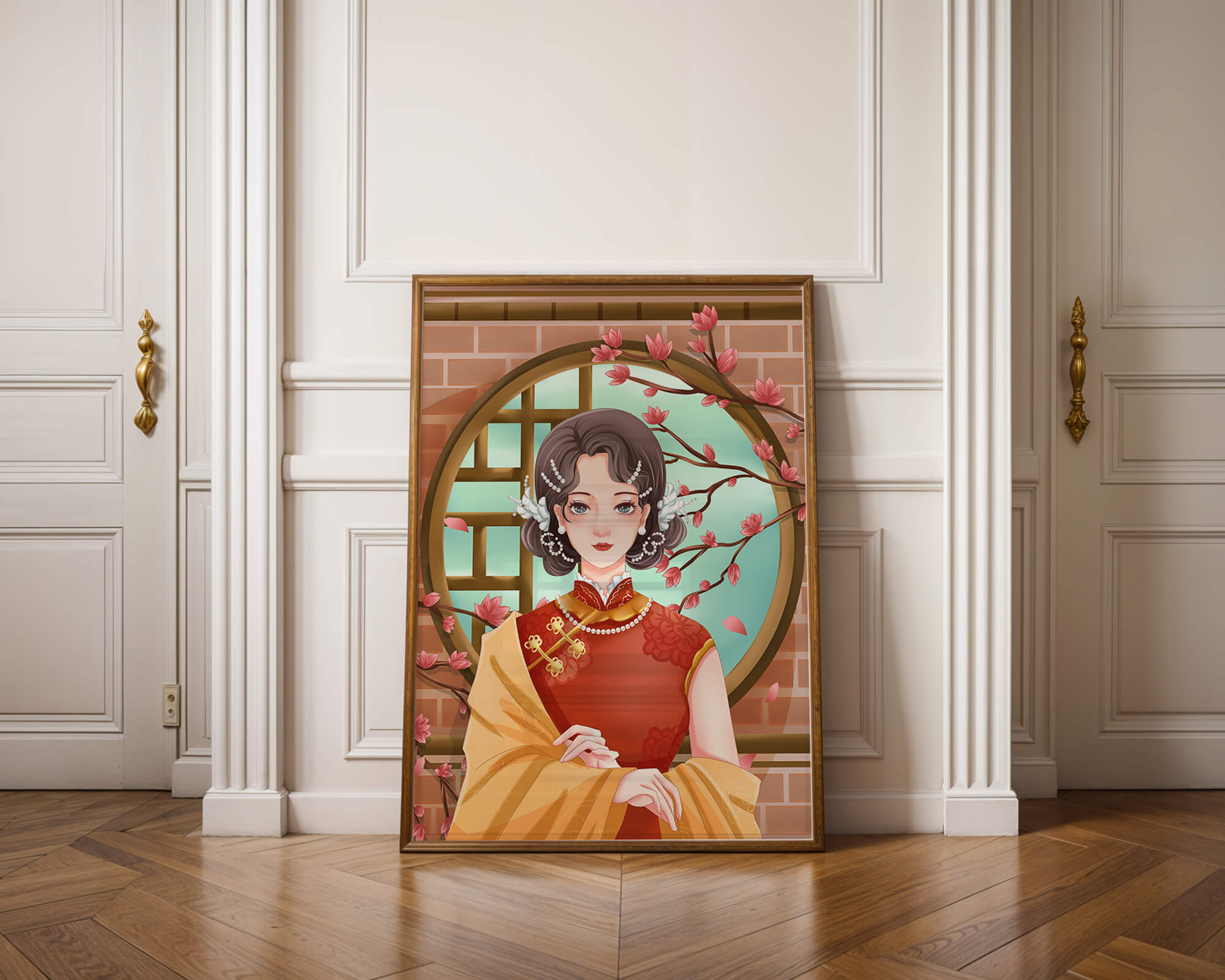 Elegant woman in traditional dress with floral background