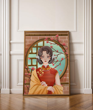 Elegant woman in traditional dress with floral background