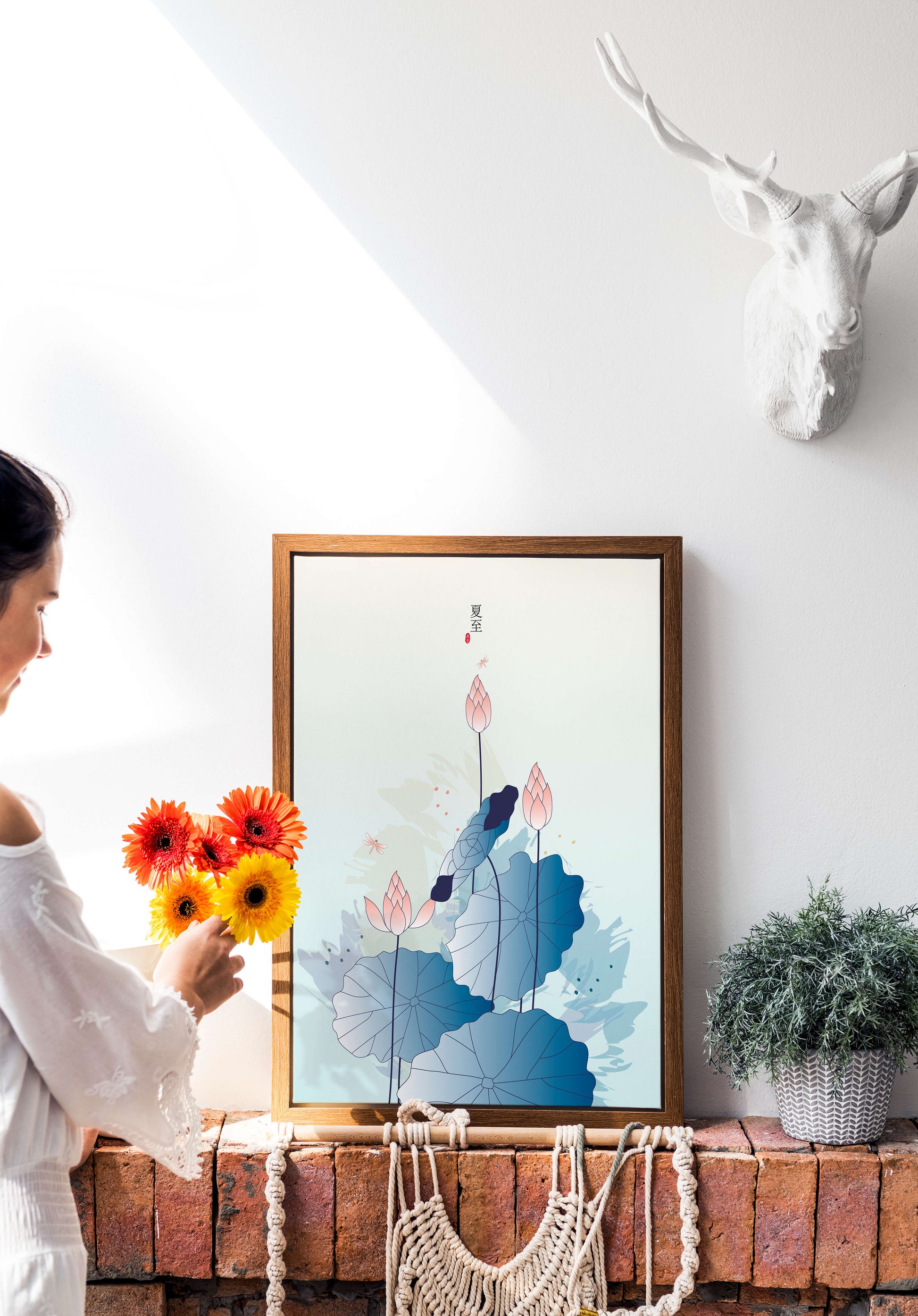 Lotus flower and dragonflies in elegant pastel illustration