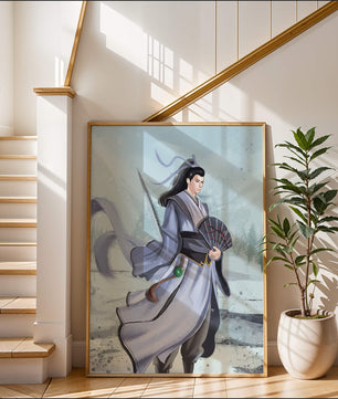 Guerrier élégant en tenue traditionnelle avec robes flottantes et éventail