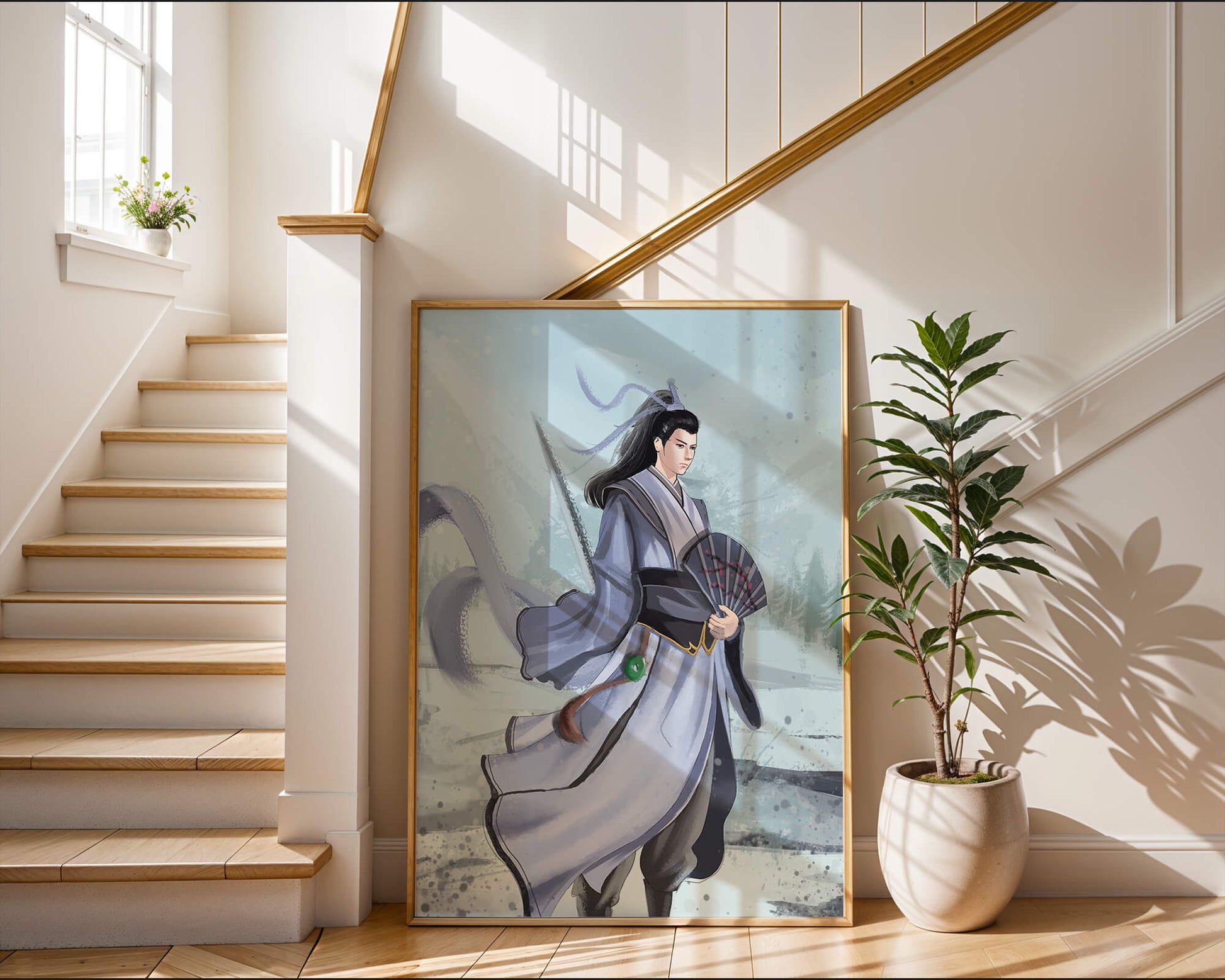 Elegant warrior in traditional attire with flowing robes and fan