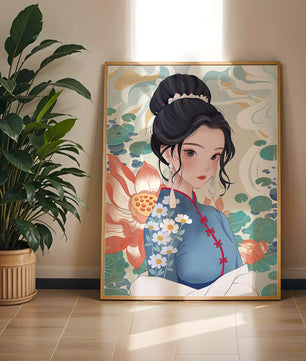 Una mujer elegante con vestido tradicional oriental con patrones florales y flores de loto