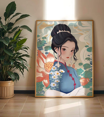 An Elegant Woman in Traditional Oriental Dress with Floral Patterns and Lotus Flowers
