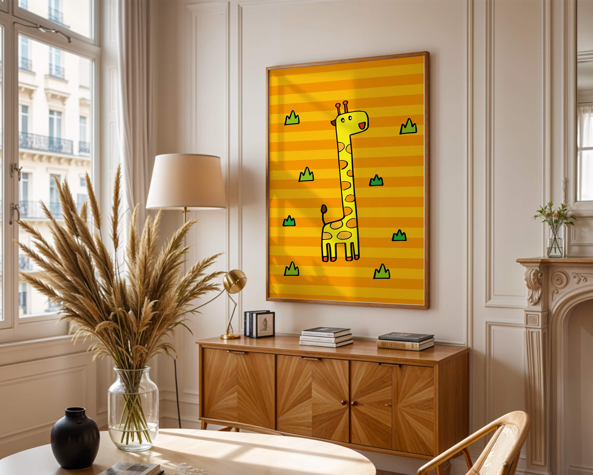 Bright cartoon giraffe illustration on a striped background