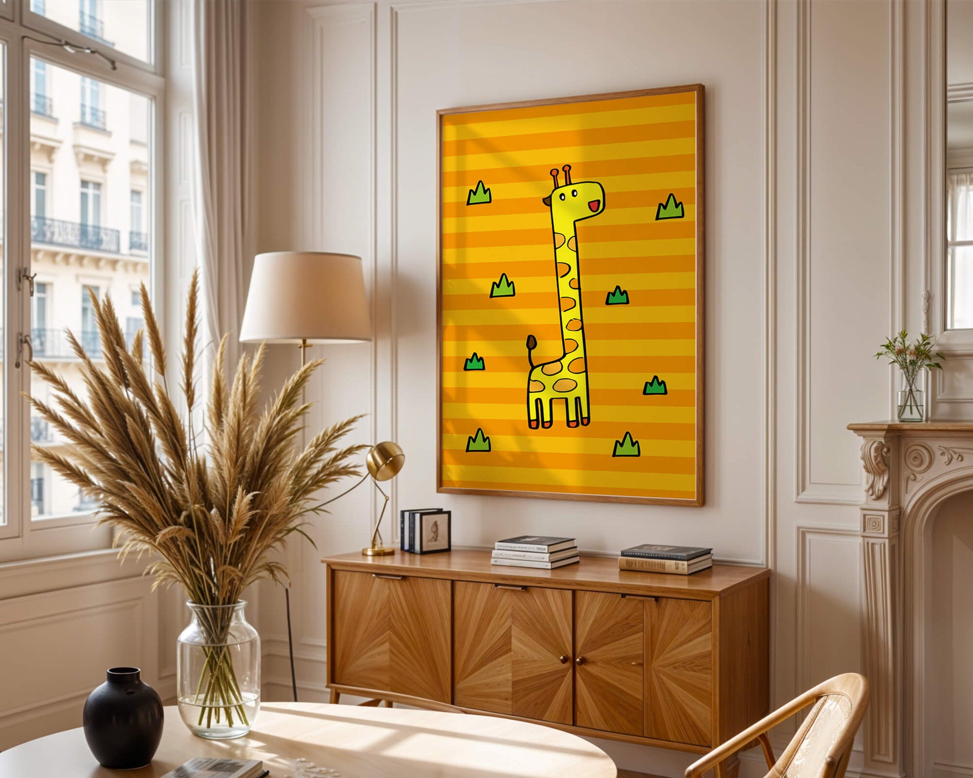 Bright cartoon giraffe illustration on a striped background