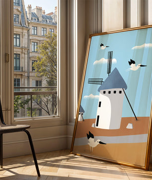Windmill Landscape with Birds in a Minimalist Style
